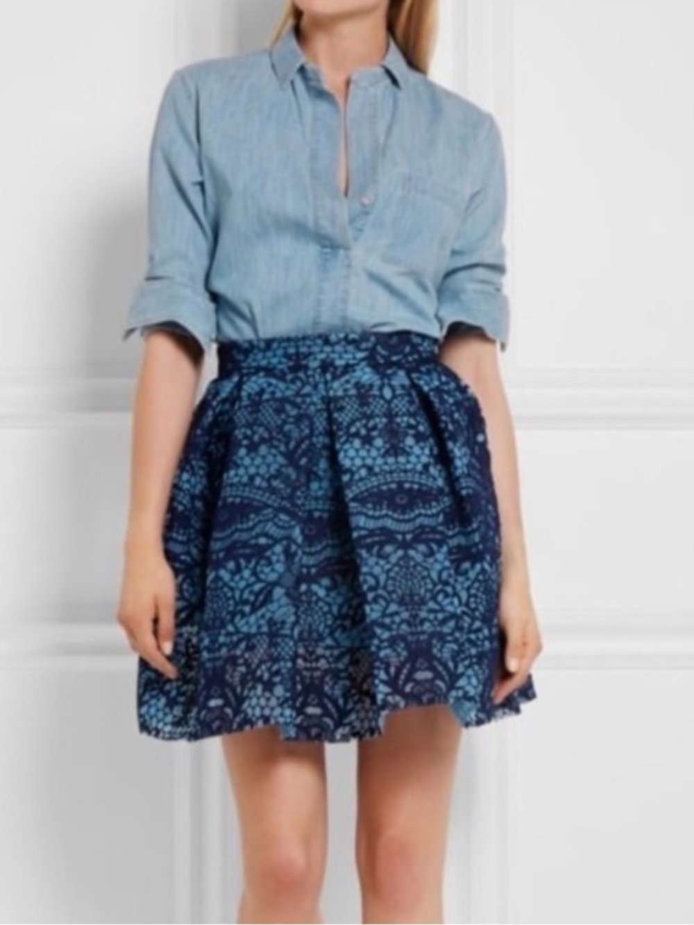 Maje Blue Floral Lace Pleated Flared Mini Skirt Size 1  (US S/4)NWOT)
